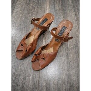 Vintage Prevata Womens 7B Brown Leather Wedge Sandals Italy Cork Studded